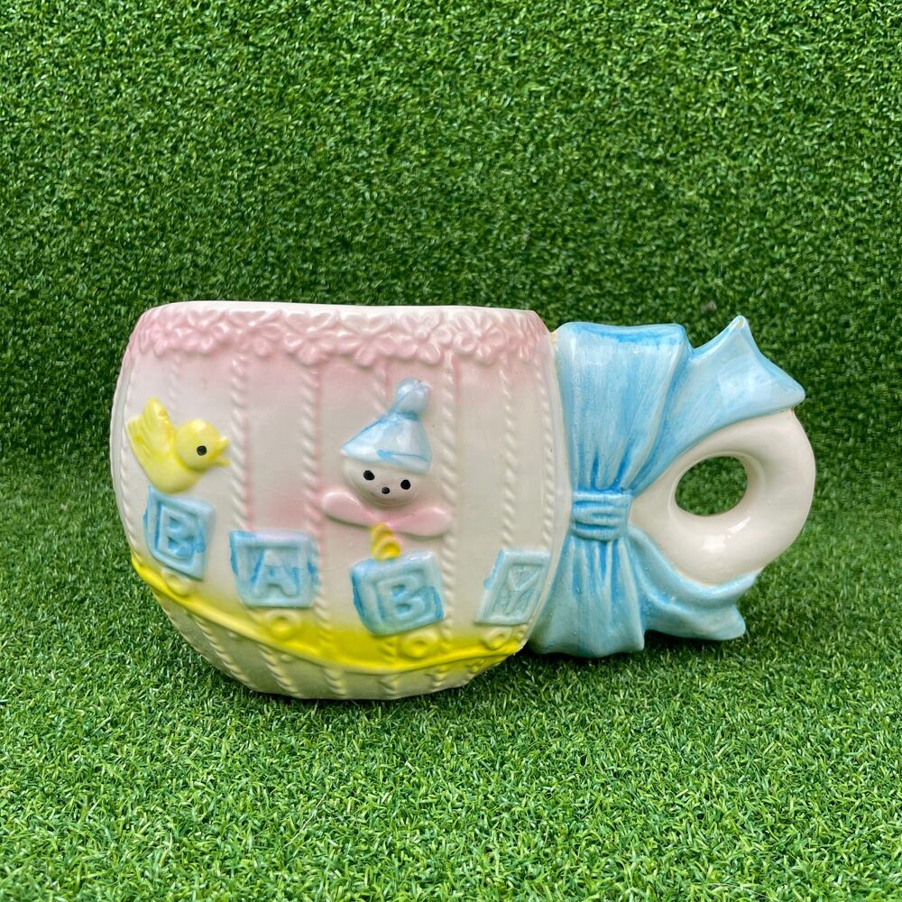 Vintage Rubens Originals Baby Mug Planter ABC Blocks Bow Nursery Decor MCM
